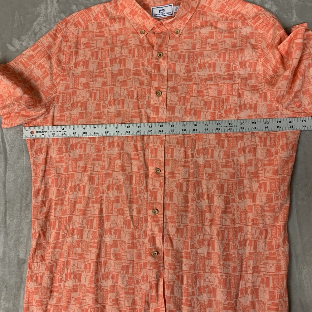 Southern Tide Shirt Mens Large Orange Drink Pattern Short Sleeve Linen Blend - Picture 4 of 6